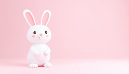 Obraz premium Cute spring bunny with a pink bow and ribbon on a happy pink holiday background