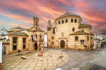 Beutiful view of San Sebastian square and church, Antequera, Andalusia, Spain
