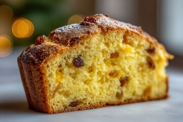 Close-up shot of a delicious slice of Panettone bread, showcasing its golden crust, soft texture, and the plump raisins sprinkled throughout, dusted with powdered sugar.