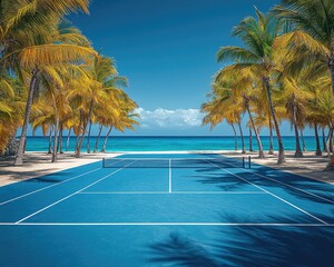 Blue tennis court next to a beach and palm trees on a beautiful sunny day. Perfect for illustrating vacation, sports, or tropical lifestyle concepts.