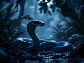 A cobra snake with yellow eyes raised up in a dark jungle environment with foliage around it at night
