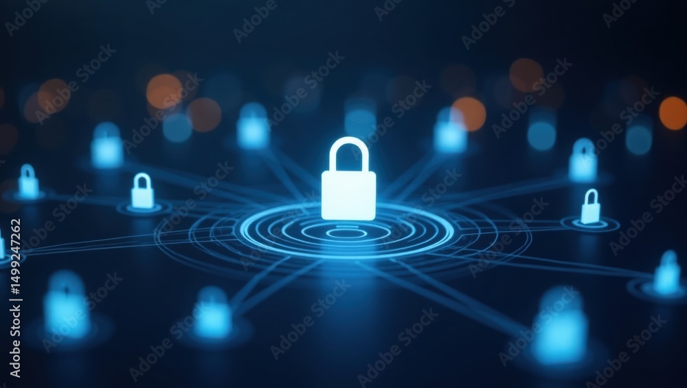Poster digital network security system with glowing padlock icons.