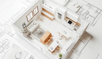 3D model of a home interior, overlaid on architectural blueprints