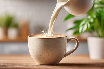 Pouring fresh milk from a white pitcher into a steaming cup of coffee on a wooden table creates an inviting and comforting scene with a blurry background.