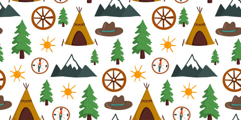 a delightful seamless pattern for pioneer day and father's day, featuring mountains, evergreen trees, tipis, cowboy hats, wagon wheels, suns, compasses white © pani_Nadichka