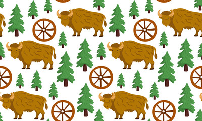 Fototapeta premium a playful seamless pattern on white featuring brown cartoon bison, green evergreen trees, and rustic wagon wheels