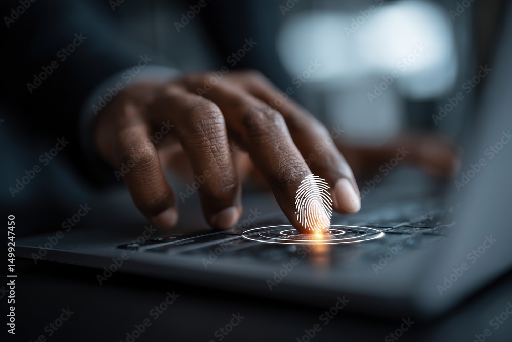 Poster fingerprint login on a laptop keyboard with a dark-skinned hand, digital security and access control