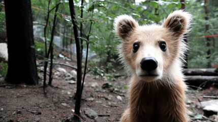 Curious Bear Cub in Forest © Barosanu
