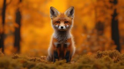 Fototapeta premium Curious red fox cub tilts head, stands on moss with warm beige backdrop enhancing fur.