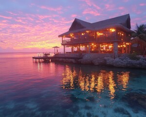 Fototapeta premium Tropical restaurant reflects in ocean under a pink sunset sky. Perfect for vacation ads, romantic getaways, or luxury travel.