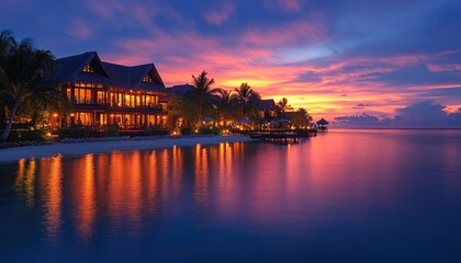 Fototapeta premium Tropical resort reflects on calm ocean water with colorful sunset sky. Ideal for travel blogs, promoting vacations, or luxury lifestyle images.
