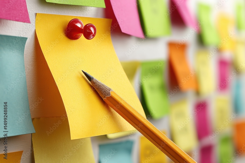 Aufkleber close-up of a vibrant yellow sticky note attached to a wall with a red pushpin, with a pencil restin