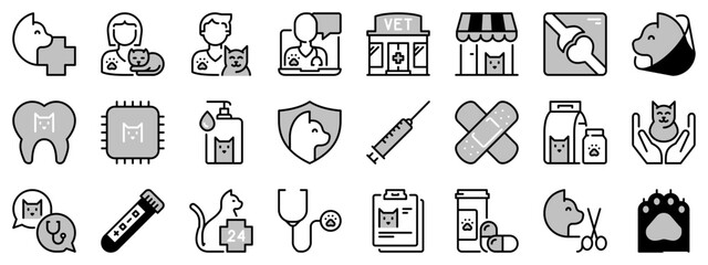 Icons in two tones about cats and vet. Pets.
