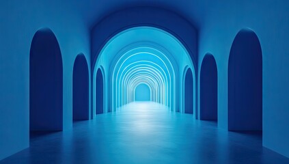 Obraz premium Blue arched hallway, illuminated perspective