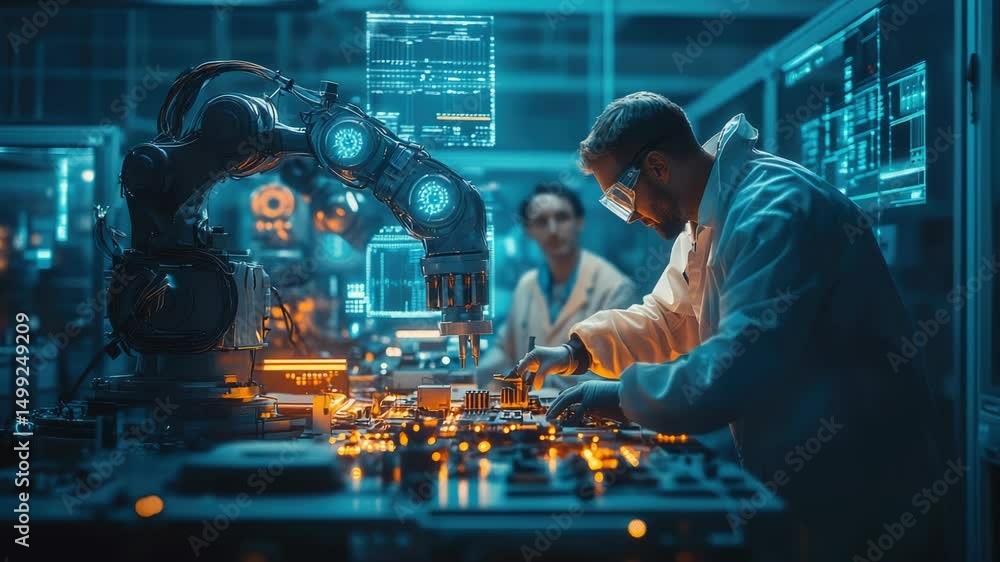 Poster global scientists and engineers collaborating in a high-tech laboratory, where robotic arms assemble