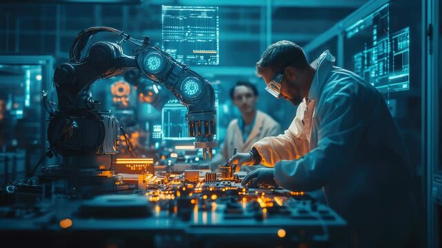 Global scientists and engineers collaborating in a high-tech laboratory, where robotic arms assemble intricate components under AI supervision, surrounded by glowing data interfaces and futuristic ref - Powered by Adobe