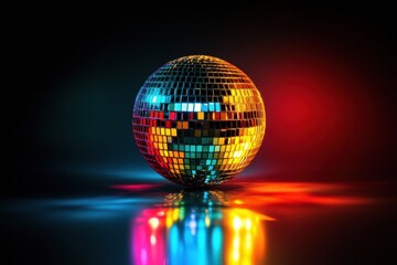 Spherical Disco Ball with Vibrant Mosaic Pattern Reflecting Colorful Hues on Dark Background, Energetic Atmosphere