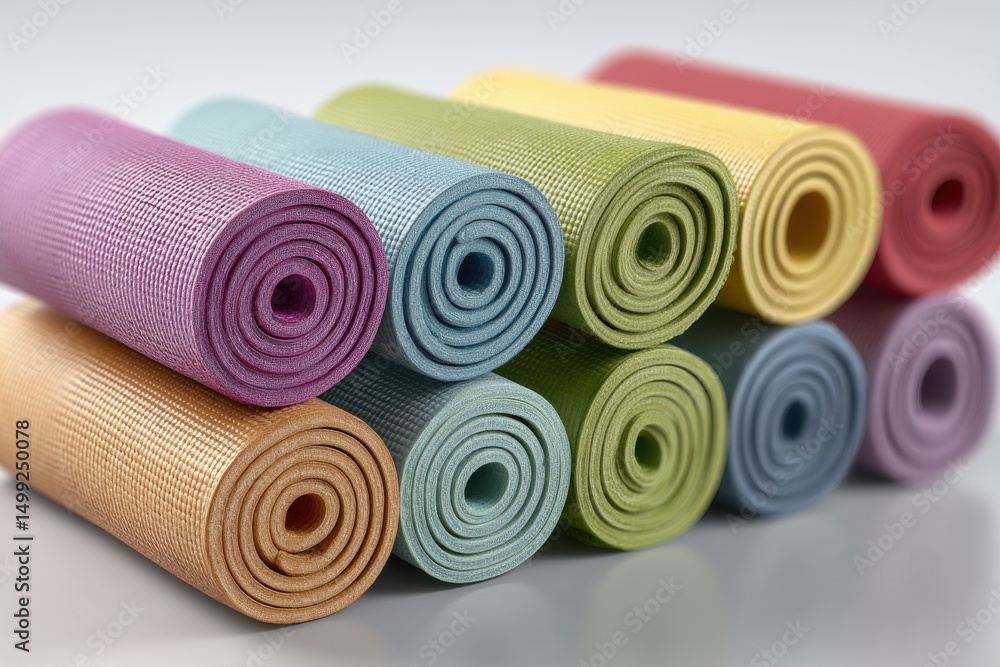 Poster a vibrant stack of colorful yoga mats rolled up tightly, showcasing textures and creating an abstrac