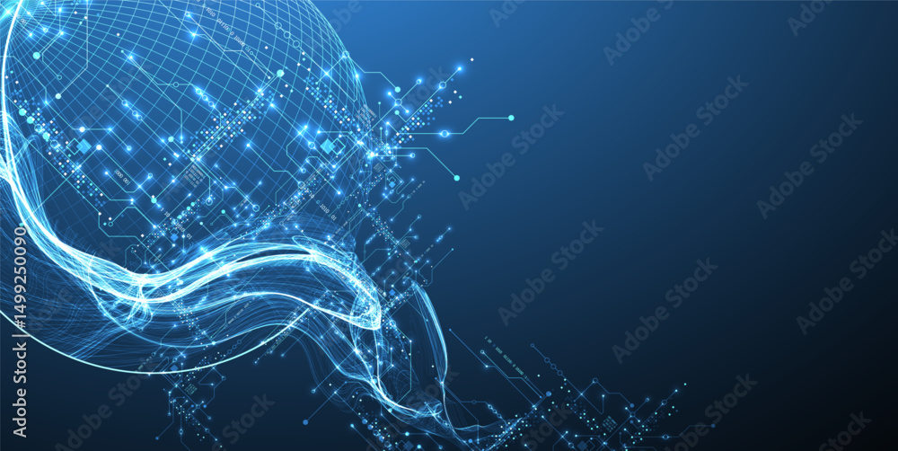 Poster Abstract data wave with sphere and futuristic circuit lines. Technology concept. Vector