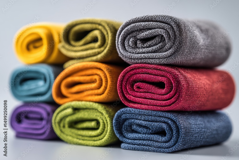Poster a neatly stacked collection of vibrantly colored rolled towels, showcasing a range of textures and a