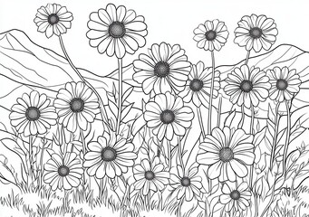 Naklejka premium Monochromatyczny rysunek polnych kwiatów i gór