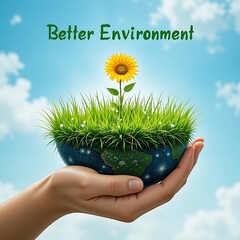 World Environment Day Hand Holding Green Earth with Sunflower and Eco Message Concept. Ai Gen