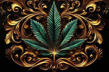 Symmetrical digital art of a marijuana leaf with deep green, blue, and gold hues, centered and facing left