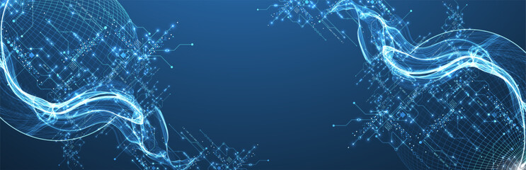 Abstract data wave with sphere and futuristic circuit lines. Technology concept. Vector