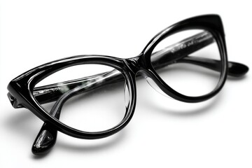 Close-up of stylish black cat-eye glasses on a white background, conveying a sense of fashion, vision correction, and classic elegance.