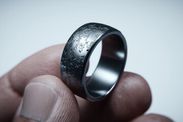 Close-up of a detailed silver ring with intricate floral engravings held by a finger, showcasing craftsmanship and jewelry design with a polished, metallic surface.