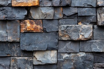 Rough stone wall with dark grey and orange hues is in a modern style. Great for backgrounds, textures, or to add an industrial feel to designs.