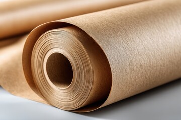 A close-up of a roll of brown parchment paper, showing the texture and spiral pattern of the roll, ready for baking and food preparation, studio shot.