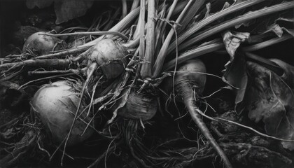 Zbiory buraków: monochromatyczne ujęcie korzeni