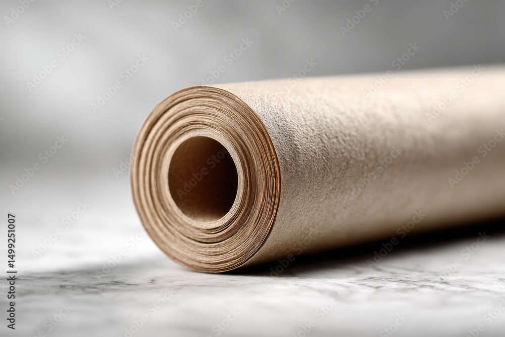 Poster a close-up studio shot of a roll of textured kraft paper showing the layers, texture and shape, crea