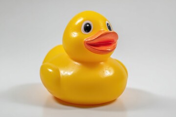 A vibrant yellow rubber duck, symbolizing childhood joy, rests on a clean white surface, exuding cheerful innocence and playful bath time fun for everyone.
