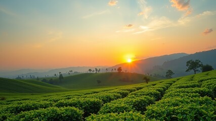 Golden Fields: Serene Tea Plantation at Sunset or Sunrise