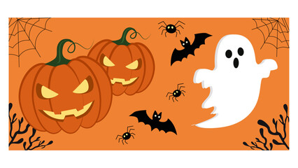 Spooky  Happy Halloween  Banner Illustrations with Pumpkins, Ghosts, and Witches Hats-01