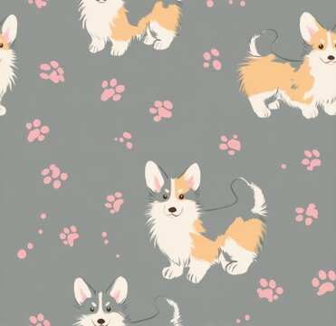 Cute corgi puppies and paw prints repeat pattern.