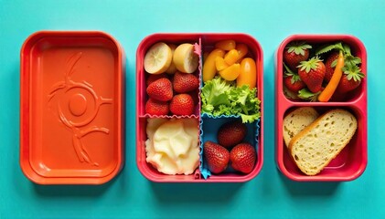 A colorful assortment of delicious and healthy lunch items packed in reusable containers, ready for a day out Perfect for school, work, or a picnic , fiber, eat, bright