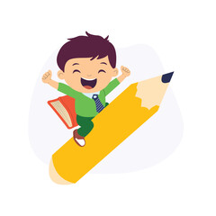 Excited Schoolboy Riding Giant Pencil Creative Education Concept