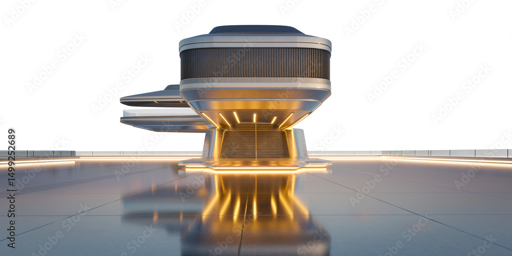 Poster 3d futuristic building with neon lights illuminating landing platform: 3d rendering