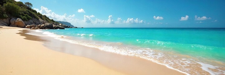 Fototapeta premium Golden sand meets turquoise ocean on a pristine, tranquil beach Waves gently lap the shore, creating a serene coastal scene perfect for relaxation and escape , peaceful, turquoise water