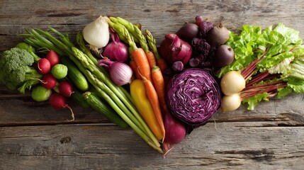 Fresh vegetables arranged in a heart shape on a wooden surface, symbolizing love for healthy and natural food.