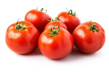 Vibrant arrangement of six fresh and ripe red tomatoes on a white background, various sizes and shapes, shiny and colorful