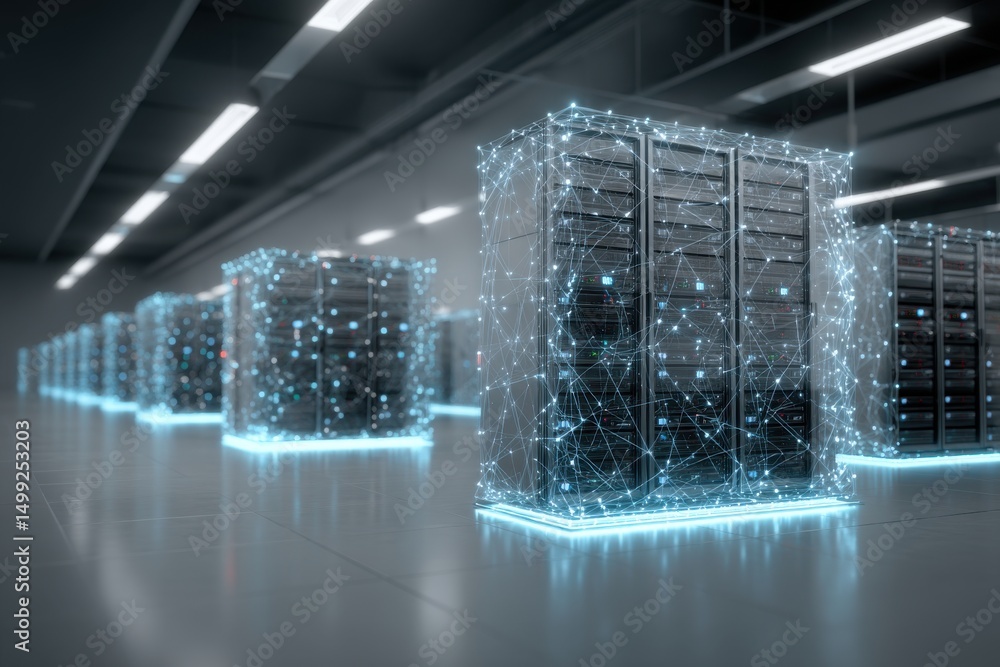 Poster data center servers with futuristic connection lines, showcasing data processing and network infrast