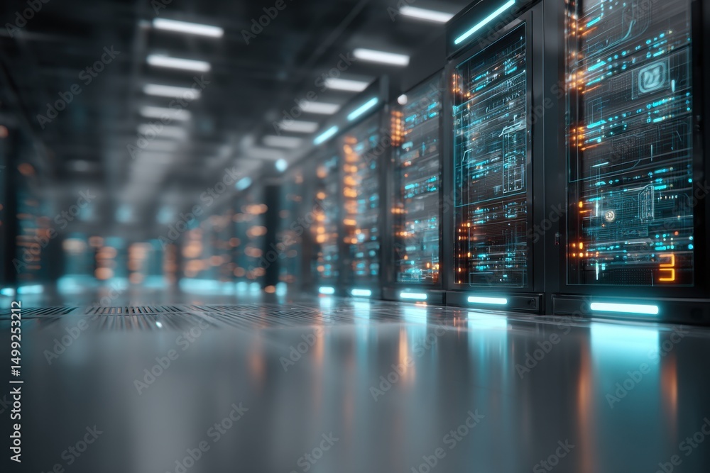 Poster inside a futuristic server room with glowing lights and advanced technology, reflecting off the smoo