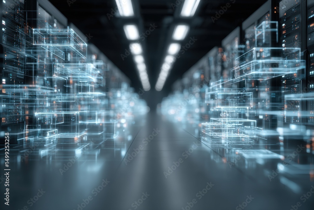 Poster an abstract data center visualization with glowing neon lines and servers, showcasing complex techno