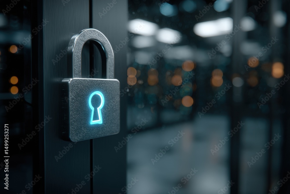 Poster a close up of a padlock with a glowing keyhole guarding server room access door, emphasizing data se