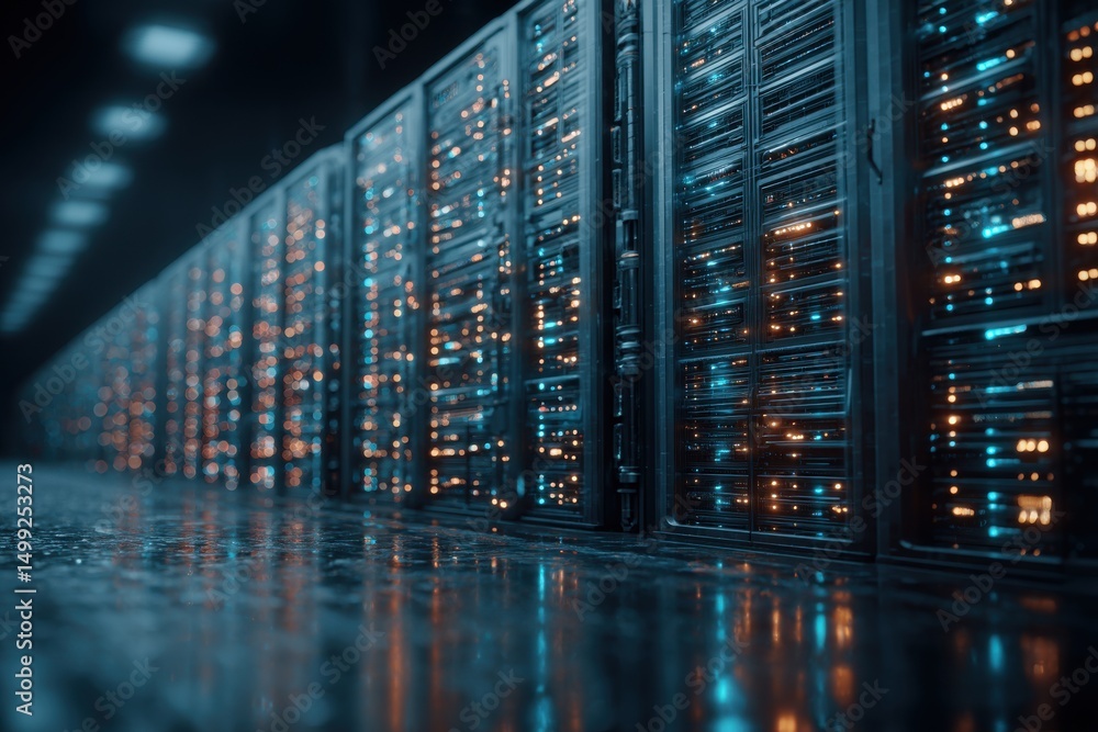 Poster a high-tech server room with multiple rows of illuminated servers, providing a futuristic and techno
