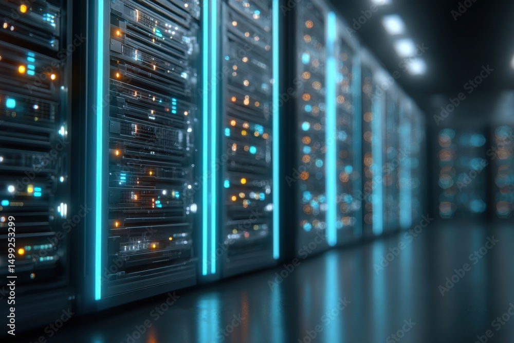 Poster a server room filled with glowing blue lights indicating high performance and advanced data processi